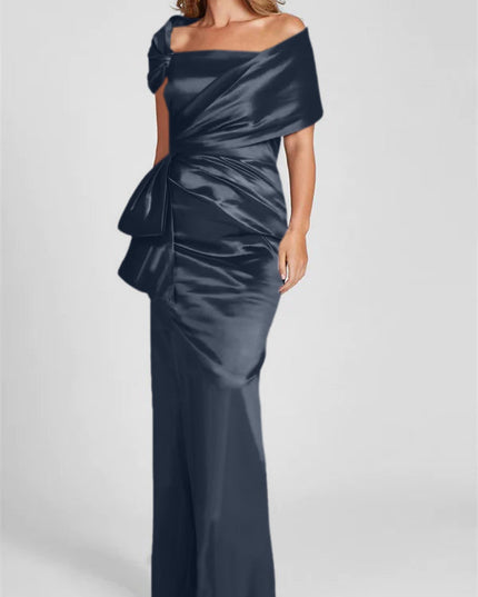 Off-shoulder satin maxi dress in navy blue with draped neckline and side bow embellishment