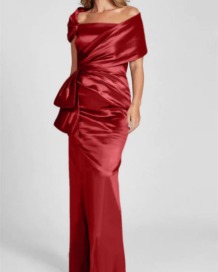 Off-shoulder satin maxi dress in deep red with gathered bodice and side tie detail