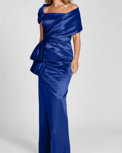 Off-shoulder satin maxi dress in royal blue with ruched waist and wrapped shoulder design