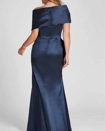 Back view of navy satin maxi dress showing button closure and fitted silhouette