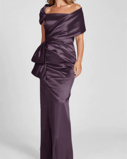 Off-shoulder satin maxi dress in eggplant purple with side bow and draped bodice styling