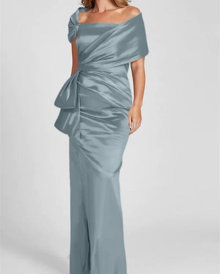 Gray-blue off-shoulder satin maxi dress with draped ruching and side bow detail