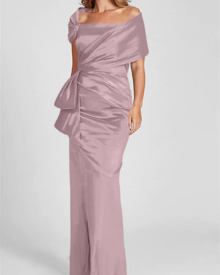 Dusty rose off-shoulder satin maxi dress with gathered waist and asymmetrical drape