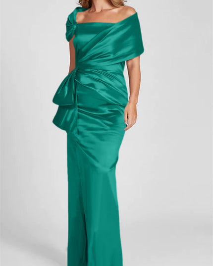 Emerald green off-shoulder satin maxi dress with side knot and ruched bodice