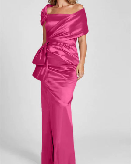 pink off-shoulder satin maxi dress with draped neckline and side tie detail