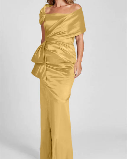 Gold off-shoulder satin maxi dress with wrapped bodice and gathered waist