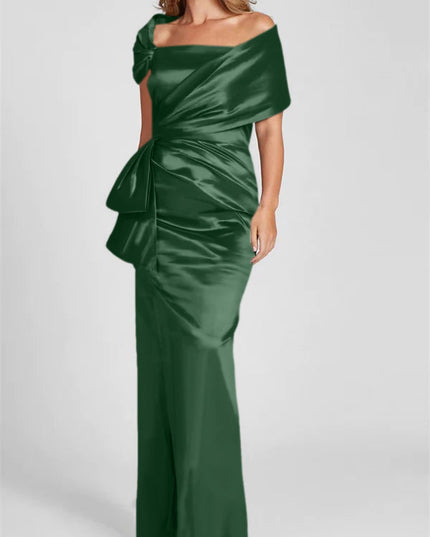 Forest green off-shoulder satin maxi dress with knotted neckline and fitted bodice