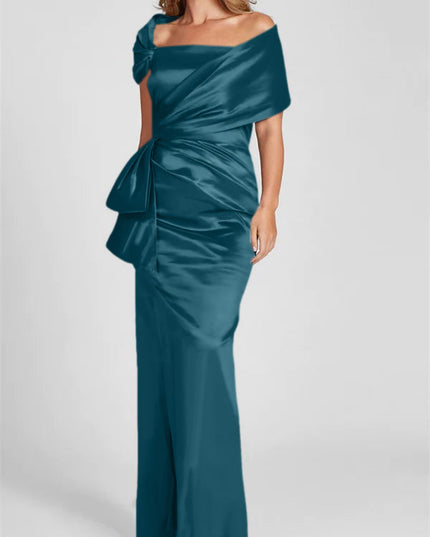 Teal off-shoulder satin maxi dress with asymmetrical draping and side bow