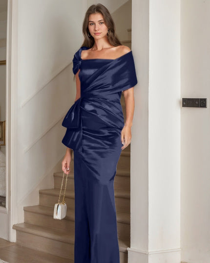 Navy off-shoulder satin maxi dress with side-tie wrap and gathered bodice