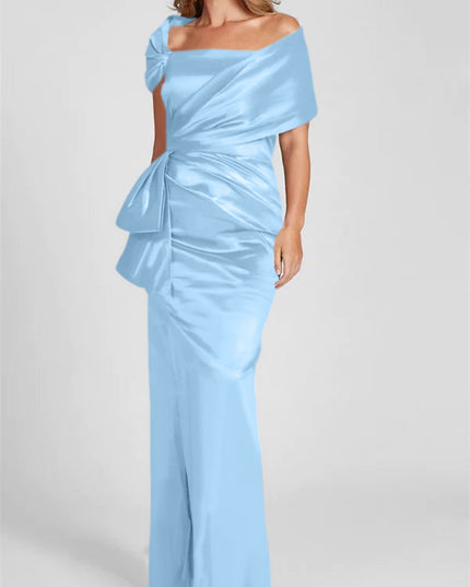 Light blue satin off-shoulder maxi dress with side ruching and wrap neckline