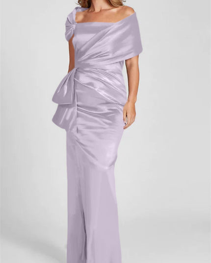 Lavender satin off-shoulder maxi dress with gathered waist and flowing skirt