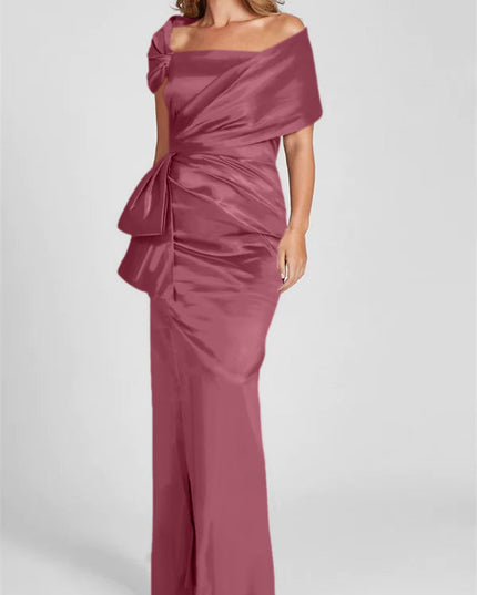 Burgundy satin off-shoulder maxi dress with cinched waist and ruched bodice