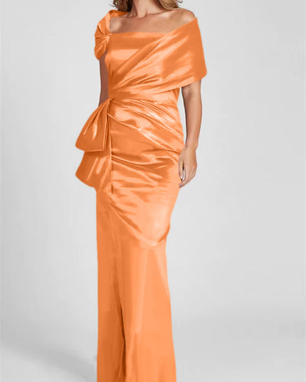 Bright orange satin off-shoulder maxi dress with gathered bodice and long skirt