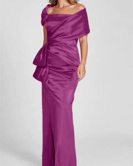 Magenta satin off-shoulder maxi dress with wrapped bodice and ruched details
