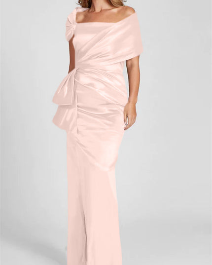 Blush pink satin off-shoulder maxi dress with ruched waist and side bow detail