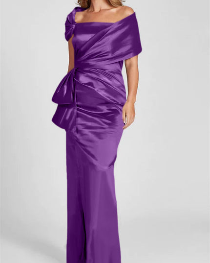 Deep purple satin off-shoulder maxi dress with draped neckline and ruched bodice