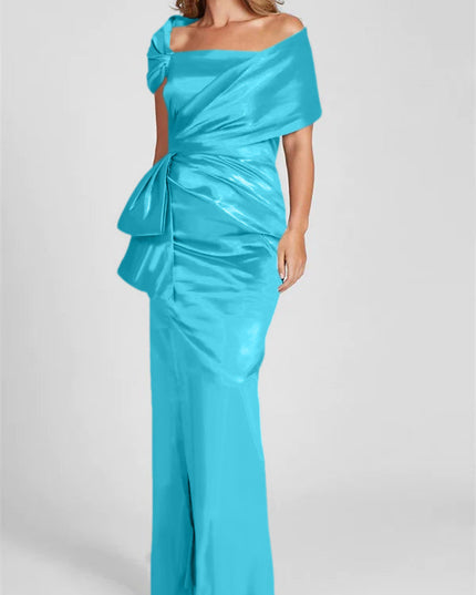 Turquoise satin off-shoulder maxi dress with side knot and gathered waist