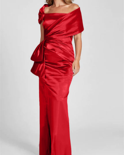 Red satin off-shoulder maxi dress with asymmetrical ruching and side bow