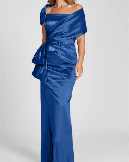 Royal blue satin off-shoulder maxi dress with draped overlay and ruched details