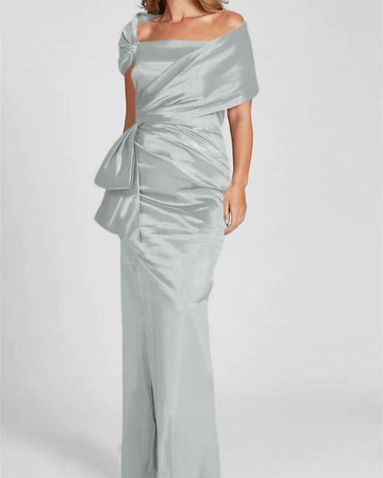 Silver gray satin off-shoulder maxi dress with gathered waist and side bow accent