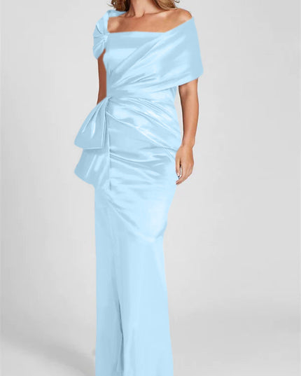 Light blue satin off-shoulder maxi dress with ruched bodice and side knot detail