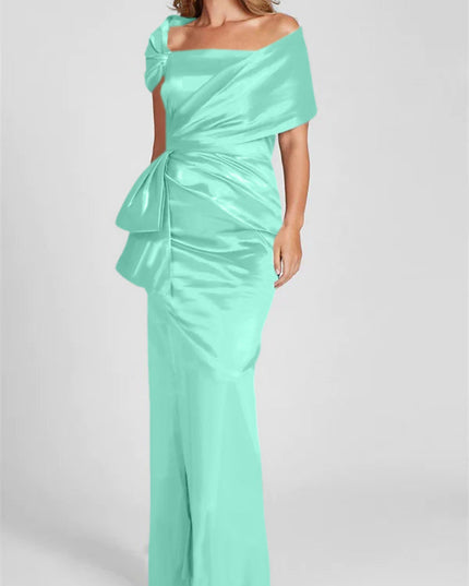 Mint green satin off-shoulder maxi dress with draped neckline and ruched waist