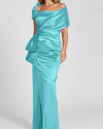 Turquoise satin off-shoulder maxi dress with ruched waist and side draping