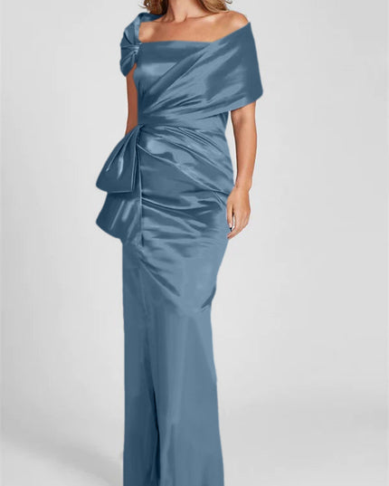 Slate blue satin off-shoulder maxi dress with asymmetrical ruching and bow accent