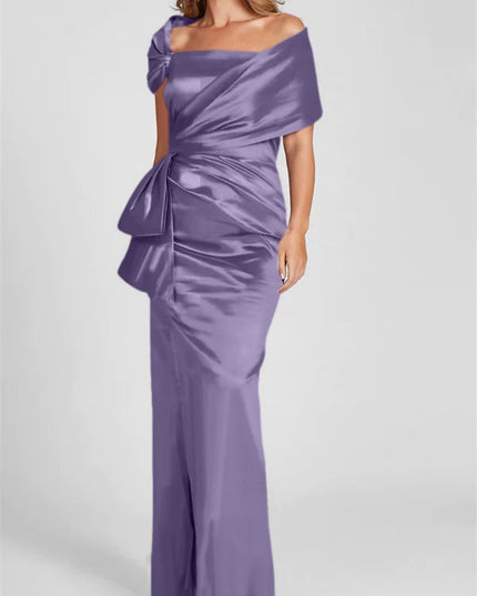Purple satin off-shoulder maxi dress with ruched side detail