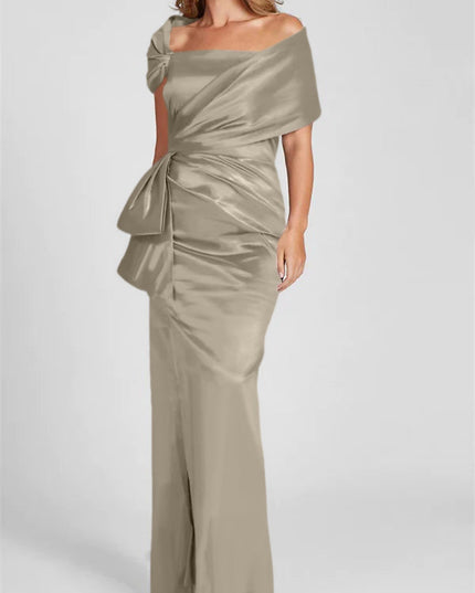 Taupe satin off-shoulder maxi dress with draped bodice