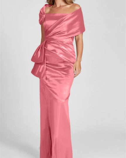 Rose pink satin off-shoulder maxi dress with side ruching
