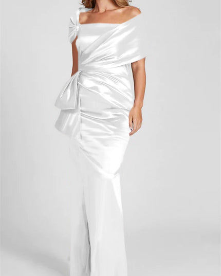 White satin off-shoulder maxi dress with wrapped neckline
