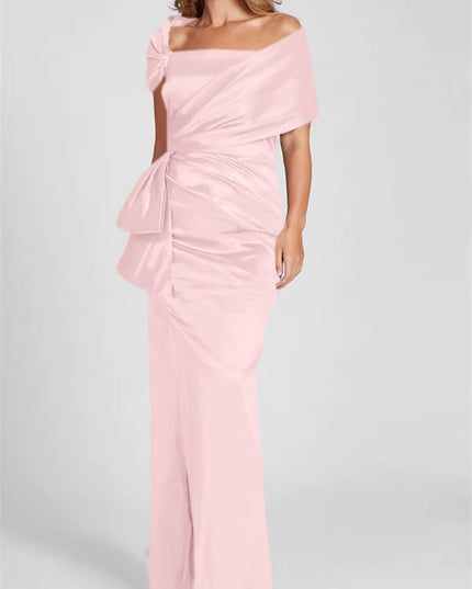 Blush pink satin off-shoulder maxi dress with side knot detail