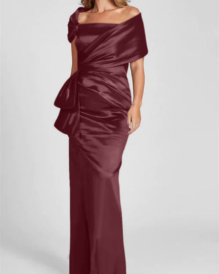 Burgundy satin off-shoulder maxi dress front view with draped shoulder detail