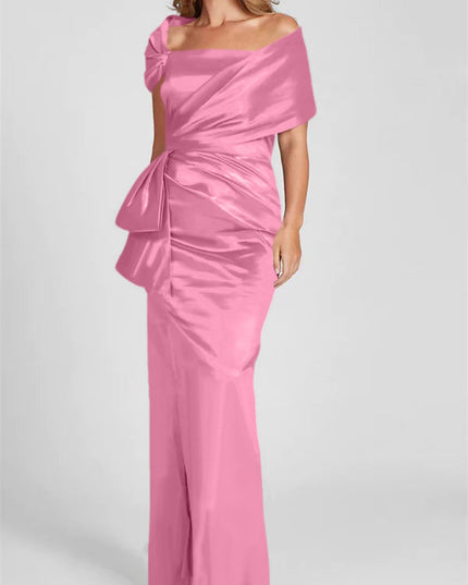 Pink satin off-shoulder maxi dress with side knot and ruched waist design