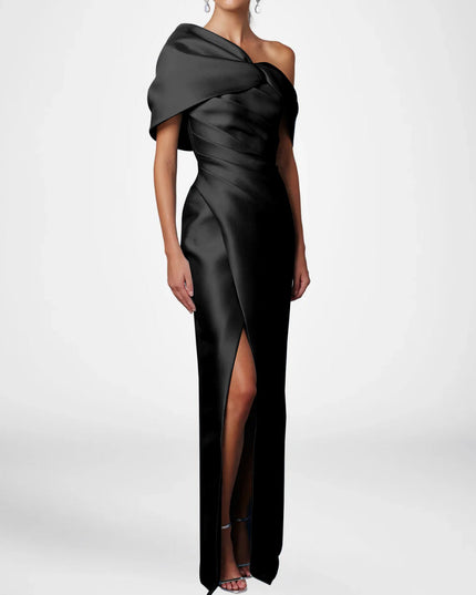 Black satin one-shoulder maxi dress with knot bow and front slit