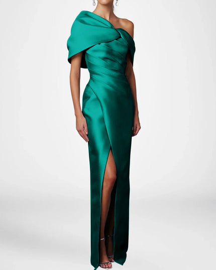 Teal satin one shoulder maxi dress with knot bow and leg slit