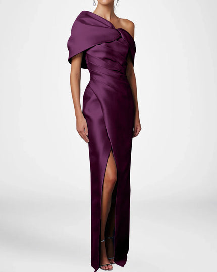 Plum purple satin one shoulder maxi dress with knot bow wrap