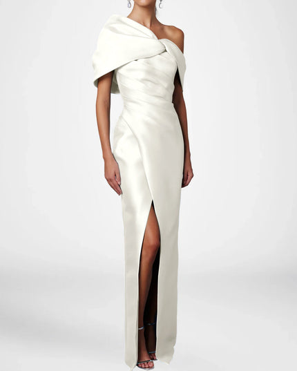 Ivory cream satin one shoulder maxi dress with oversized bow