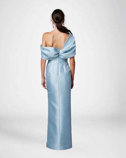 Back view of light blue satin maxi dress with one-shoulder design and knot detail