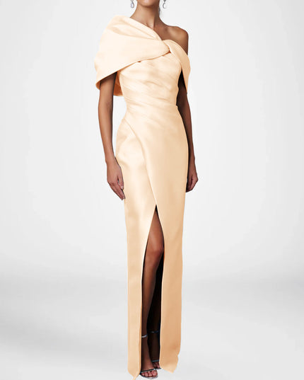 Champagne satin one shoulder maxi dress with knot bow wrap
