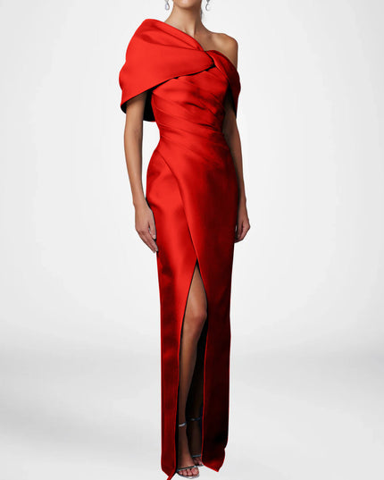 Bright red satin one shoulder maxi dress with draped bow detail