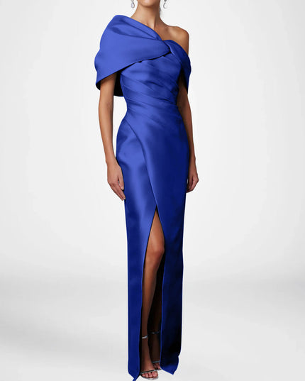 Royal blue satin one shoulder maxi dress with knot bow overlay