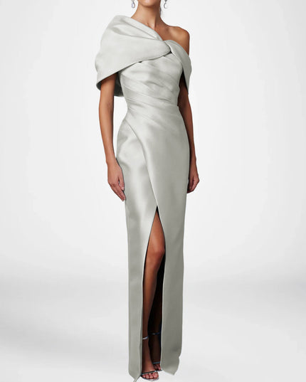 Silver gray satin one shoulder maxi dress with draped knot bow