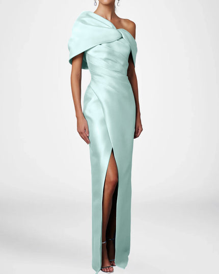 Light blue satin one shoulder maxi dress with bow detail