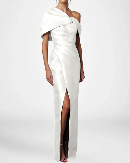 Ivory satin one shoulder maxi dress with draped bow wrap detail