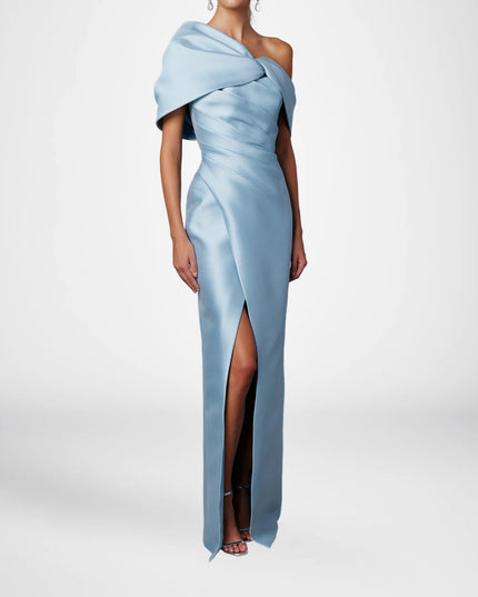 Light blue satin one-shoulder maxi dress with draped knot bow and front slit