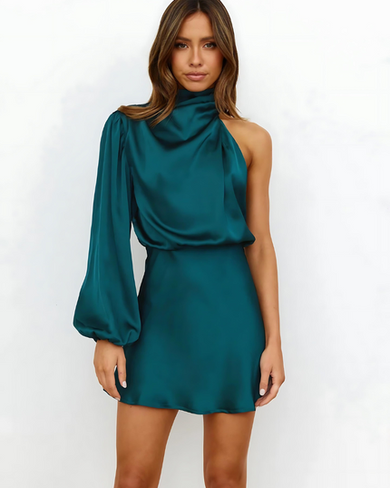 Teal satin one-shoulder draped mini dress with bloused sleeve