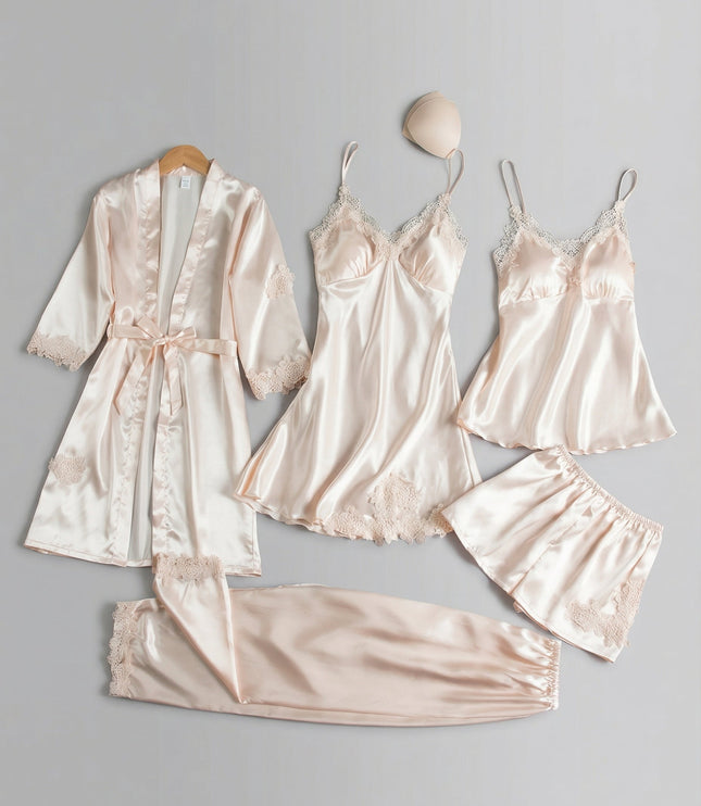 Women's Satin Robe And Lace Cuff Pyjamas