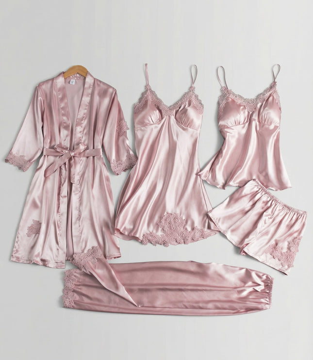 Women's Satin Robe And Lace Cuff Pyjamas